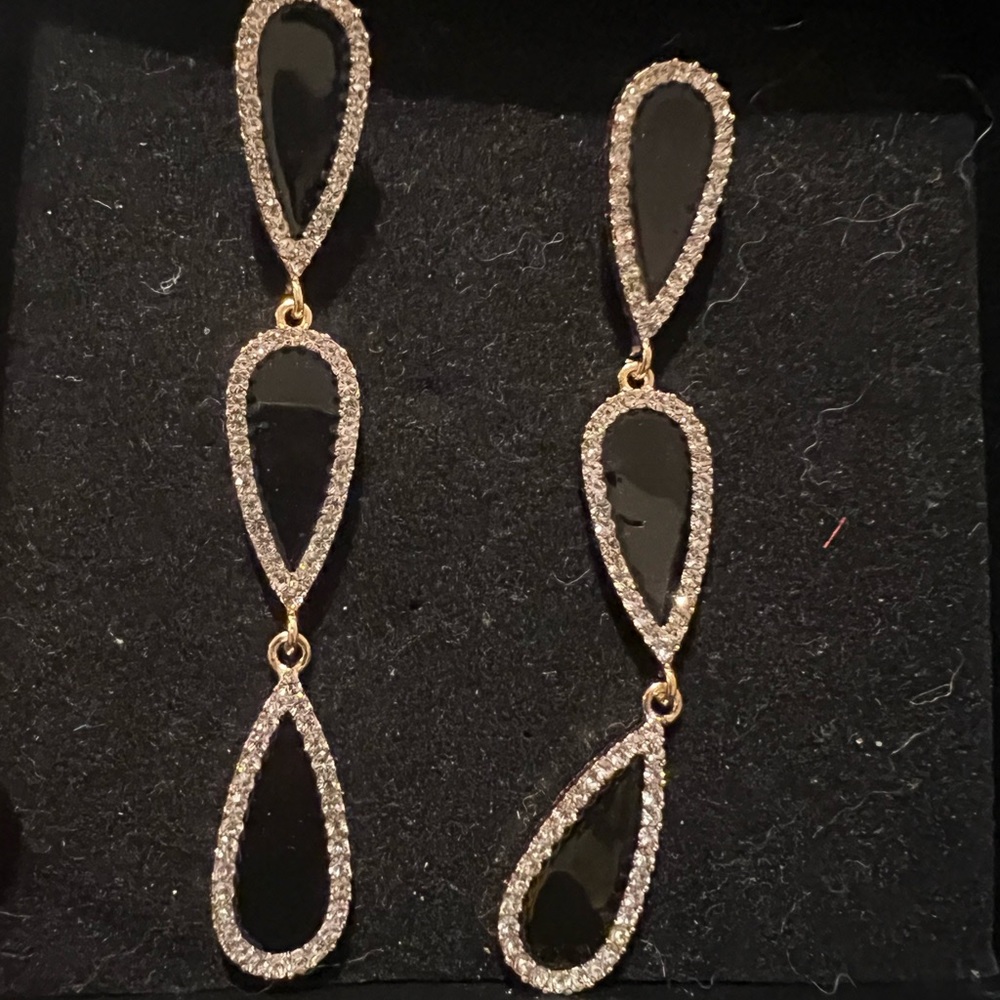 Faux Onyx and Rhinestone Tear Shaped Drop Earrings